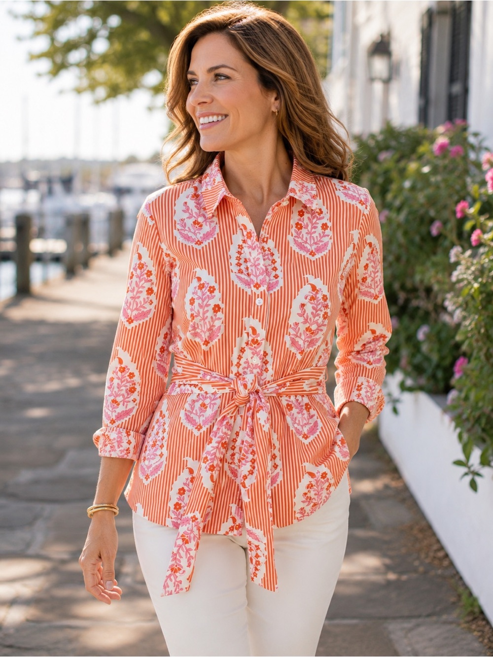 Spartina 449 Marianne Richmond Hill Floral Belted Button Front Blouse S